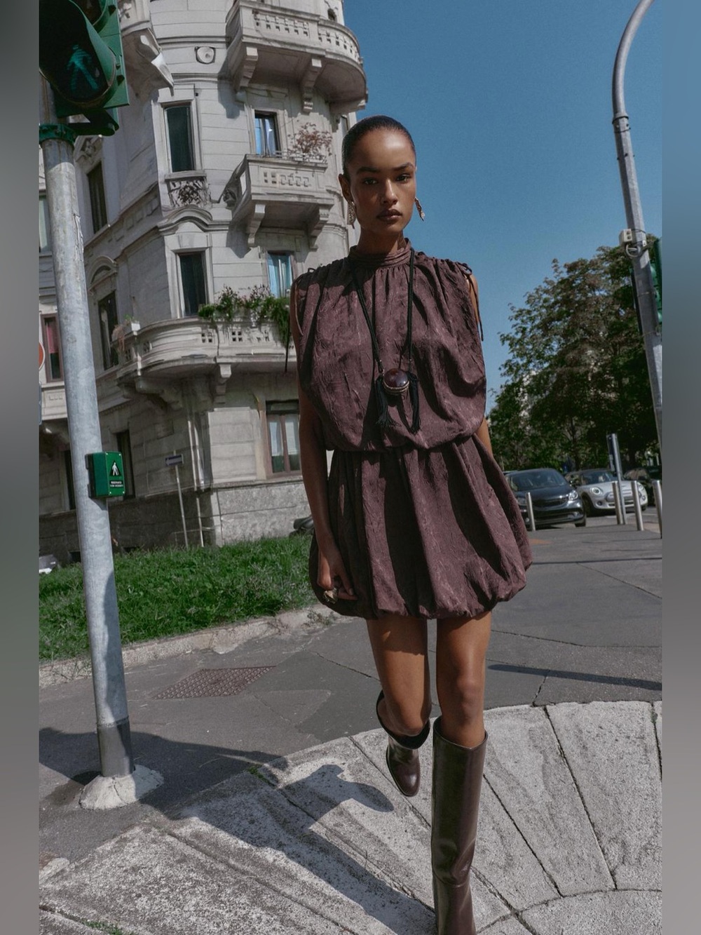 Zara Brown Sleeveless Bohemian Bubble-Hem Mini Dress